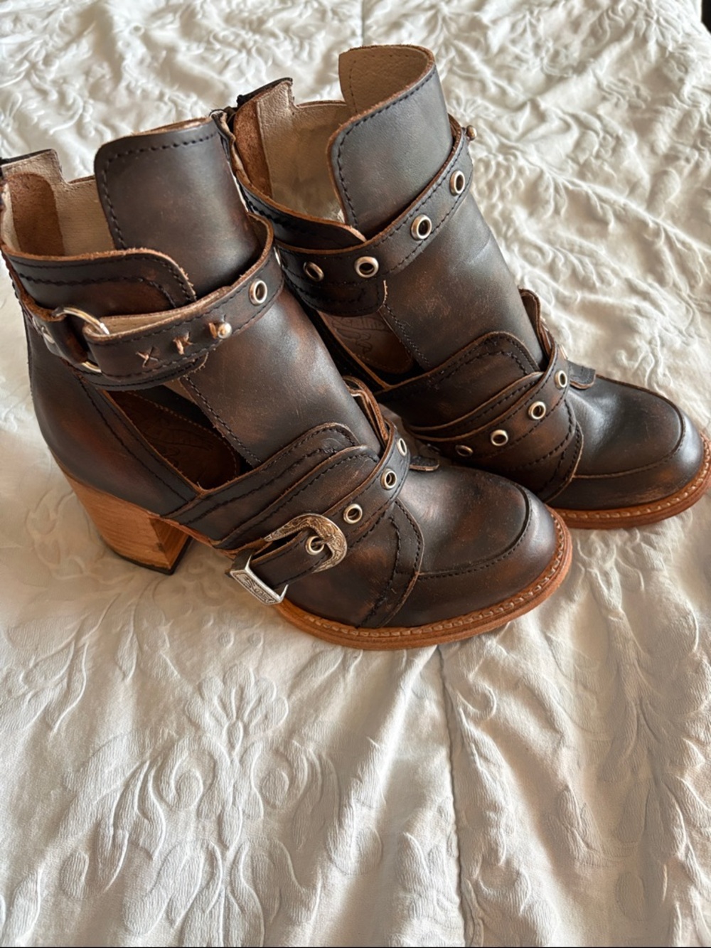 Freebird Brown Leather Buckle Cutout Ankle Booties